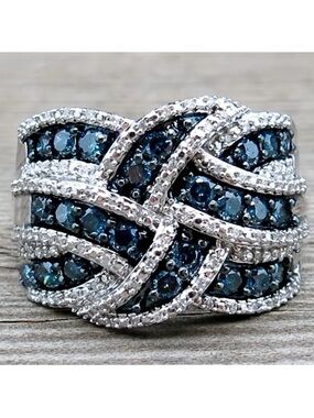 Silver Tone Blue & White CZ Woven Band Ring